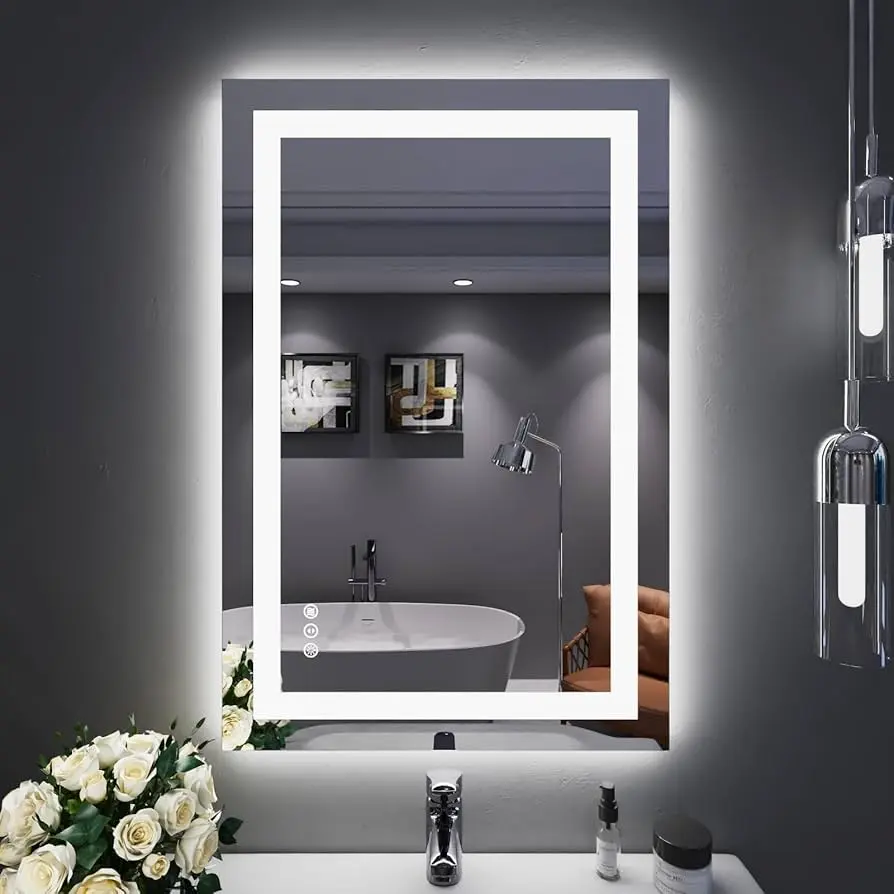 LED Vanity Bathroom Mirrors 24x36 Inch Front Lighted Vanity Mirror, Wall Mounted Anti-Fog Dimmable LED Makeup Mirror, Warm/Natural/Daylight, Tempered Glass (Horizontal/Vertical)