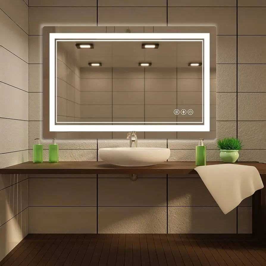 36x48 Inch LED Vanity Bathroom Mirrors with Front Lights, Wall Mounted Anti-Fog Dimmable, Warm/Natural/Daylight Colors, Tempered Glass (Horizontal/Vertical)