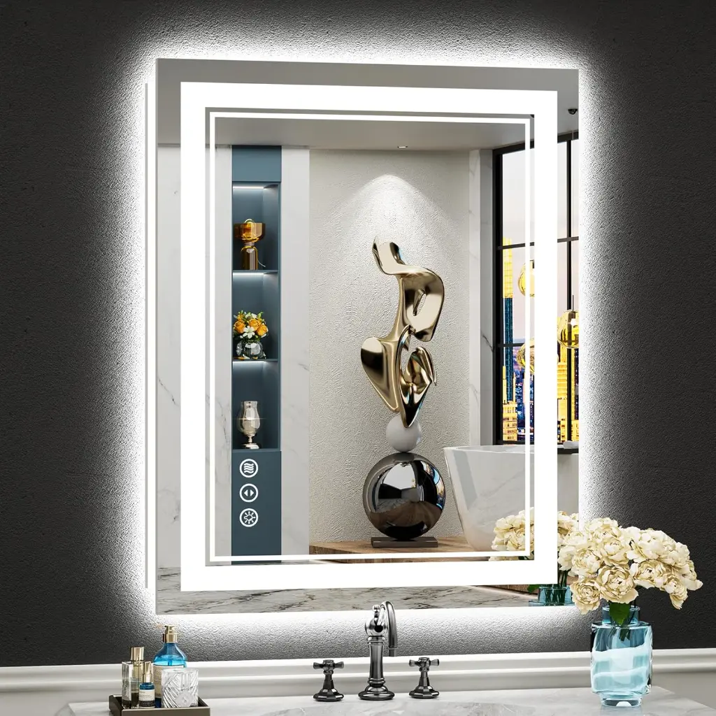 24x30 Inch LED Vanity Bathroom Mirrors with Front & backlit Lights, Wall Mounted Anti-Fog Dimmable, Warm/Natural/Daylight Colors, Tempered Glass (Horizontal/Vertical)