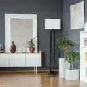 61" inch Modern Standing Corner Floor Lamp for Living Room With Brushed Nickel & Straight Rectangular Pure White Linen Shade